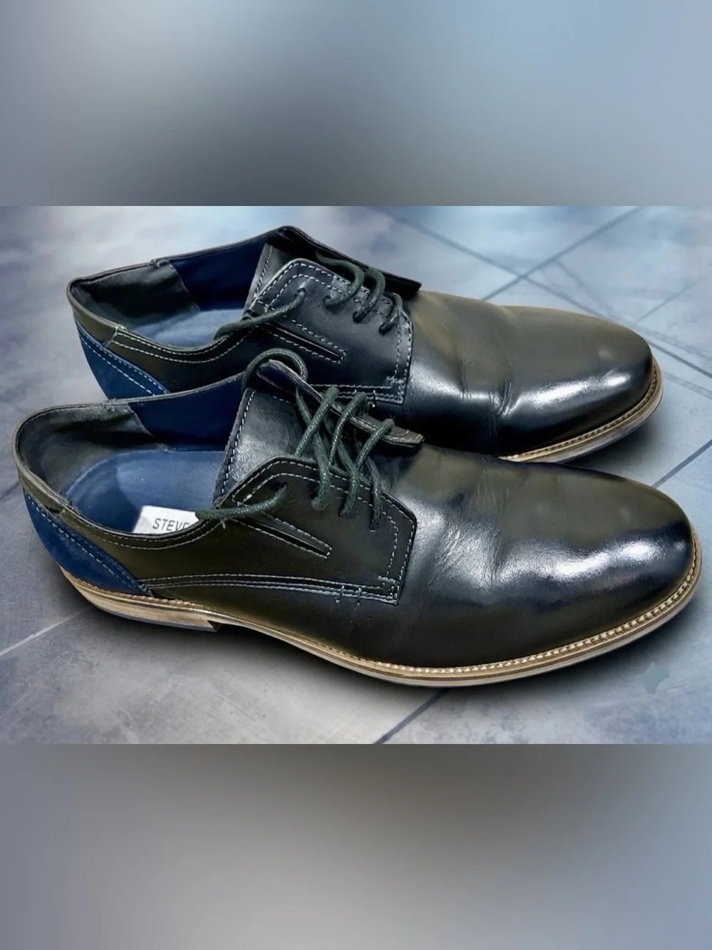 RARE Steve Madden Lectern Black Leather Blue Suede Contrast Oxford shoes 10.5B
